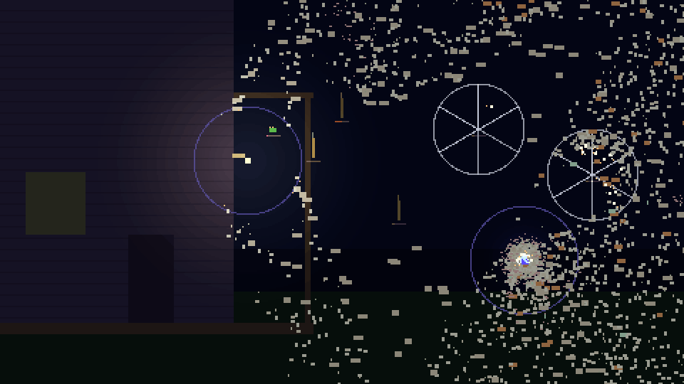 A pixel-art porch at night. Thousands of small bugs swarm across the yard toward the porch light while bug zappers crackle with lightning.